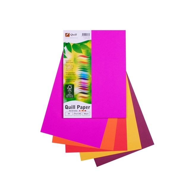 Quill A4 80Gsm Coloured Hot Ass. 100sht per pack